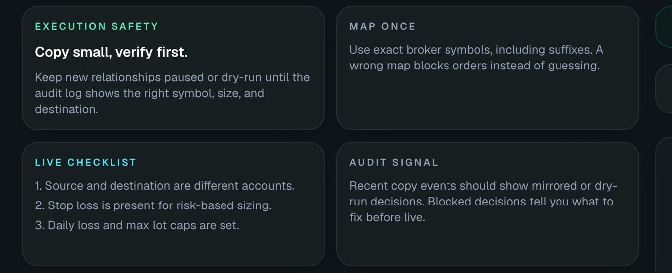 Execution safety — copy small verify first, map once, live checklist, audit signal