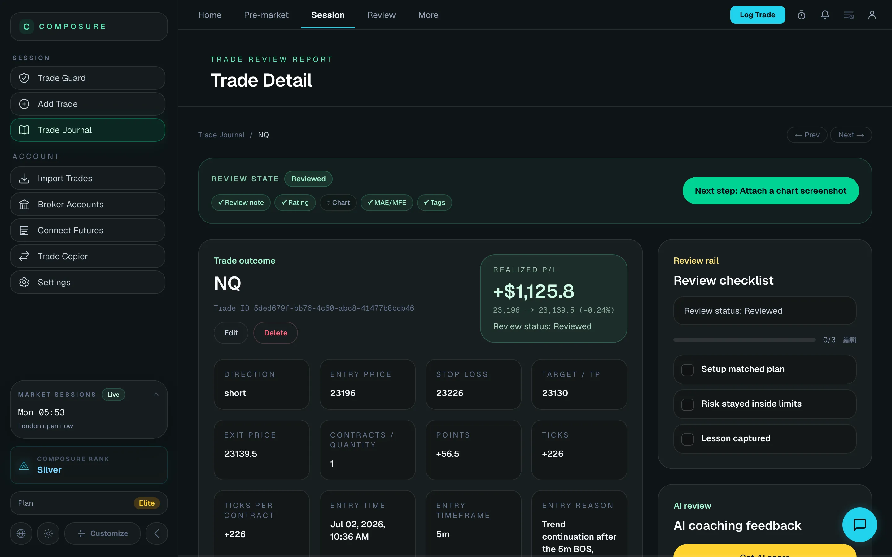 Composure AI trade review — real trade detail with AI score and execution feedback