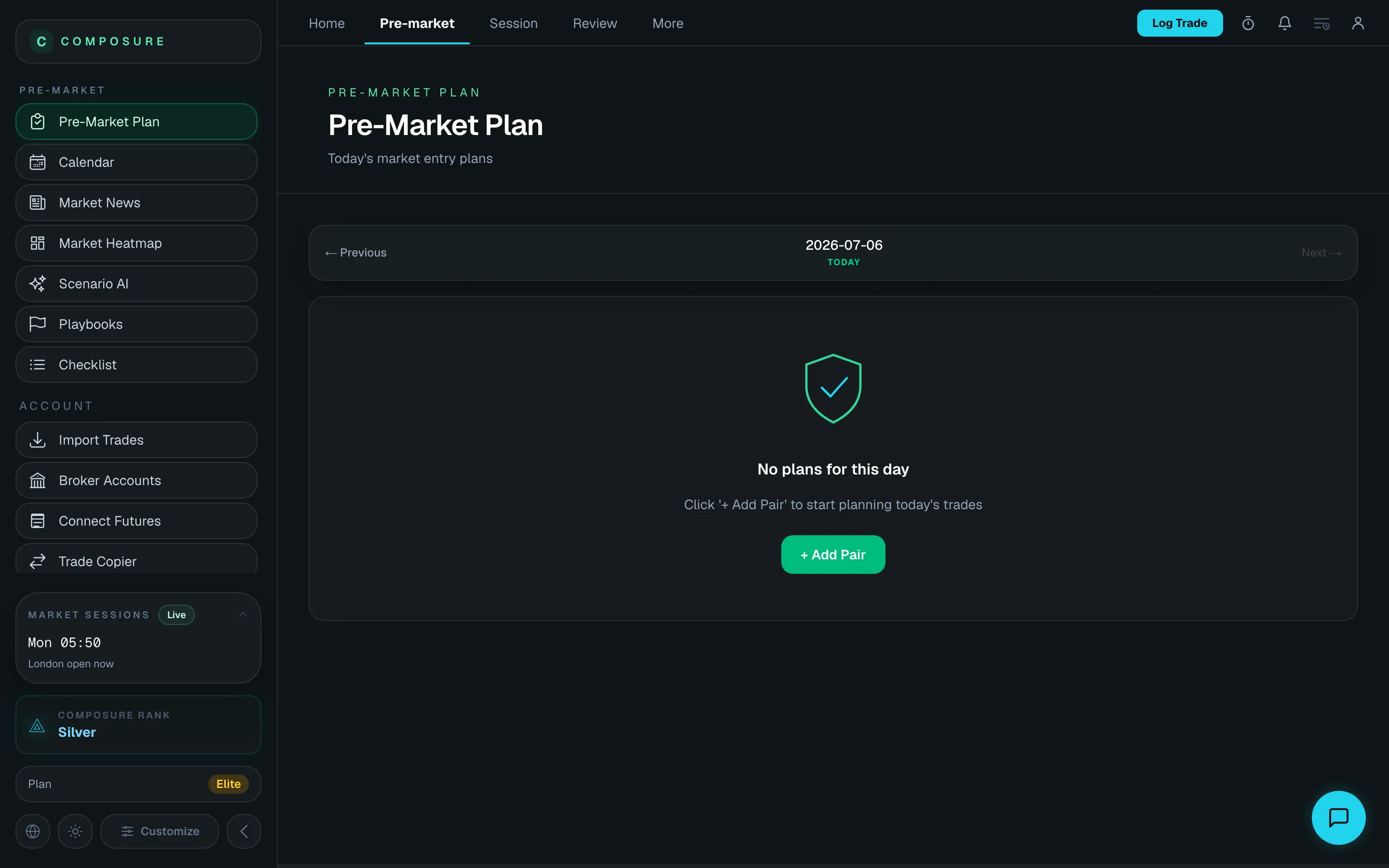 Composure Pre-Market Plan — real product screenshot