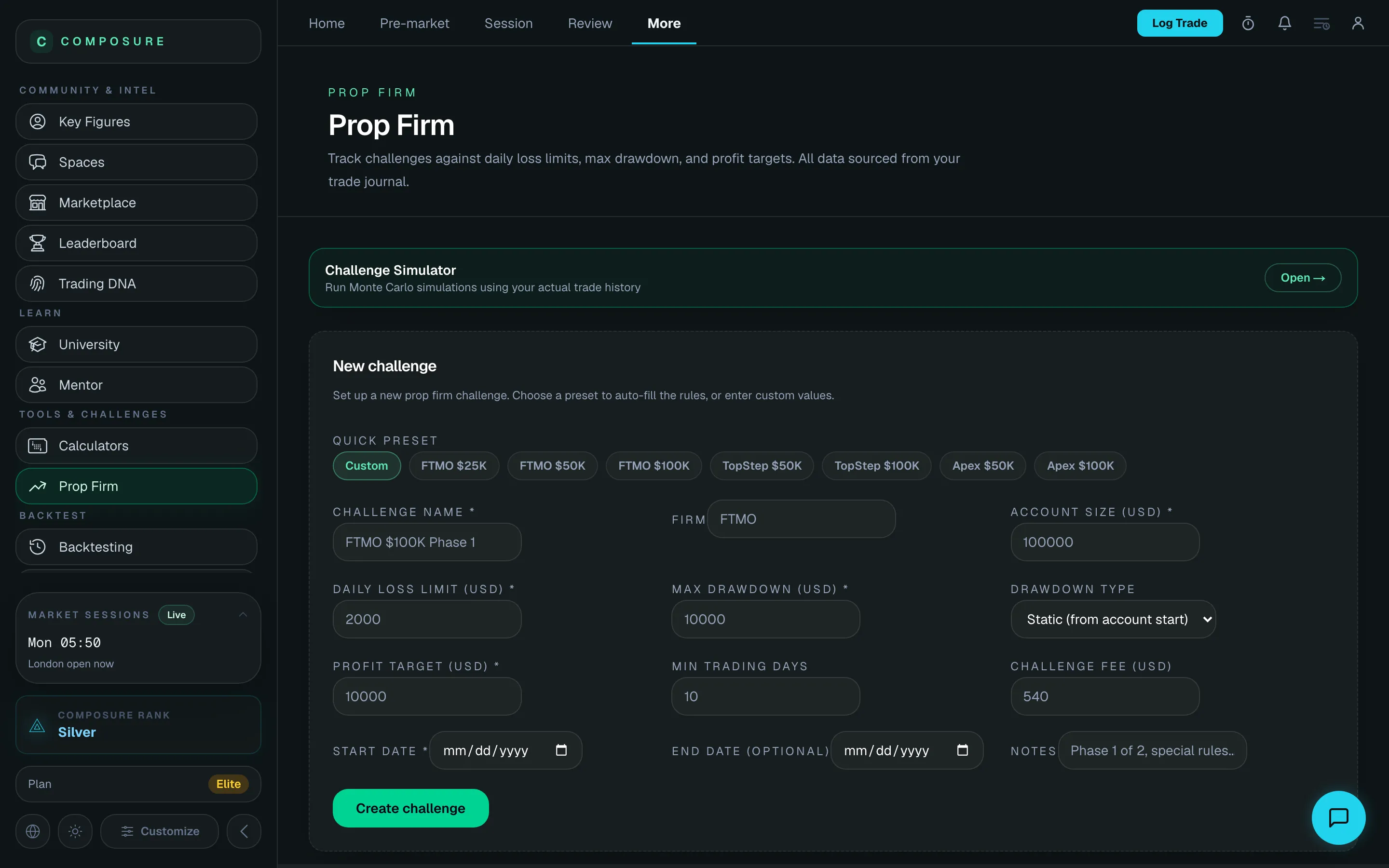 Composure prop firm — real product screenshot