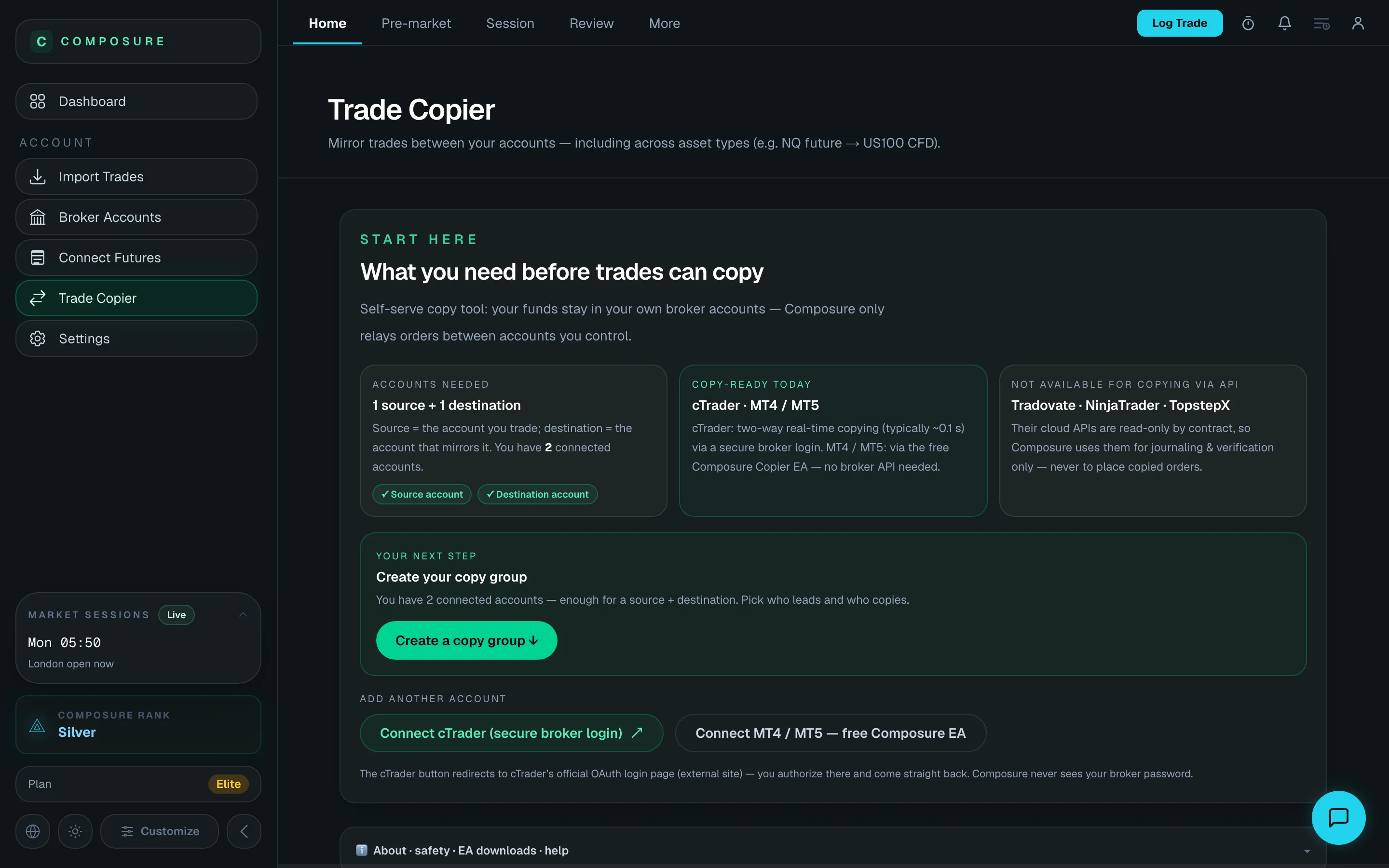 Composure trade copier — real product screenshot